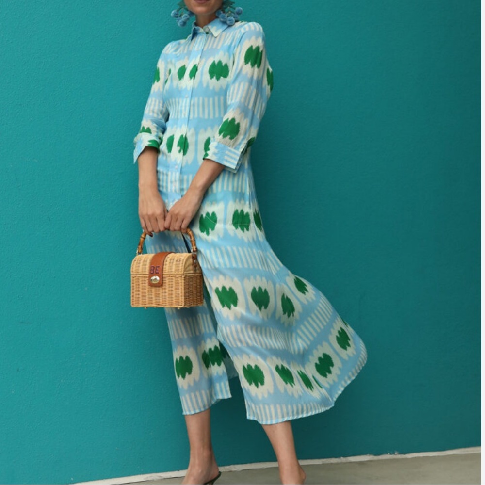 Oliphant Button Down midi dress ikat blue m